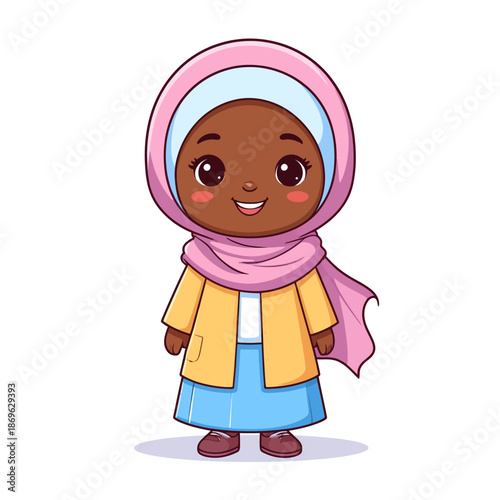 Adorable cartoon girl illustration, gracefully standing with a warm smile, adorned in a vibrant pink hijab and stylish yellow jacket, radiating innocence and joy