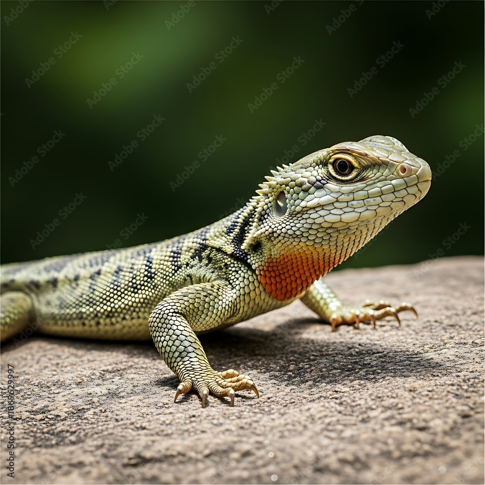 Fototapeta premium Reptile with detailed scales rests on a textured stone surface.