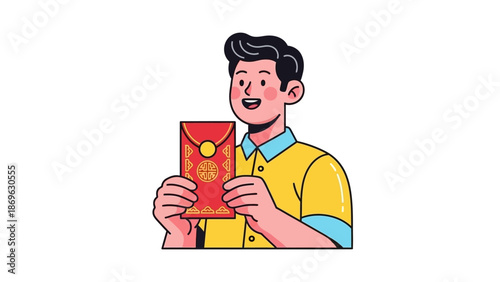 Man holding a red envelope with a smile