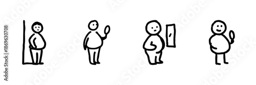 Person Observing Self-Reflection Line Icon Set In Doodle Style. Self-Image, Body Positivity, And Personal Reflection Outline Sketch Collection. Hand Drawn Isolated Vector Illustration