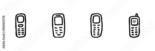 Retro Mobile Phones Line Icon Set In Doodle Style. Vintage Communication Devices And Classic Cellphones Outline Sketch Collection. Hand Drawn Isolated Vector Illustration