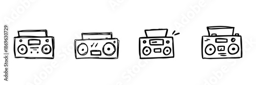 Boombox Line Icon Set In Doodle Style. Retro Music Player, Cassette Tape Recorder, And Vintage Audio Equipment Outline Sketch Collection. Hand Drawn Isolated Vector Illustration