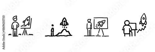 Rocket Launch And Growth Concept Line Icon Set In Doodle Style. Innovation, Business Development, And Creative Strategy Outline Sketch Collection. Hand Drawn Isolated Vector Illustration