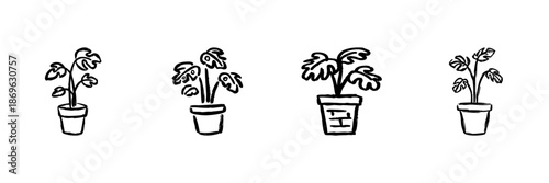 Potted Monstera Plant Line Icon Set In Doodle Style. Indoor Plant Care And Home Decor Outline Sketch Collection. Botanical Illustration For Gardening Enthusiasts. Hand Drawn Vector Illustration