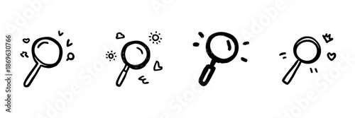 Magnifying Glass Line Icon Set In Doodle Style. Exploration, Discovery, And Search Concept Outline Sketch Collection. Hand Drawn Isolated Vector Illustration