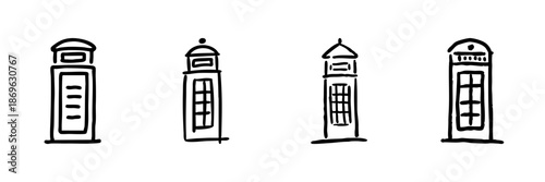 British Telephone Booth Line Icon Set In Doodle Style. Classic Communication, Vintage Public Phone Box Symbol Outline Sketch Collection. Hand Drawn Isolated Vector Illustration