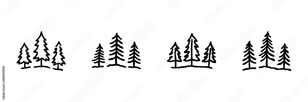 Fototapeta premium Pine Tree Forest Line Icon Set In Doodle Style. Nature, Wilderness, And Outdoor Adventure Outline Sketch Collection. Hand Drawn Isolated Vector Illustration