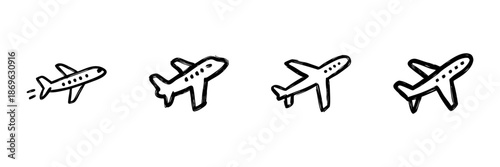 Airplane Line Icon Set In Doodle Style. Aviation, Travel, And Transportation Outline Sketch Collection. Hand Drawn Isolated Vector Illustration