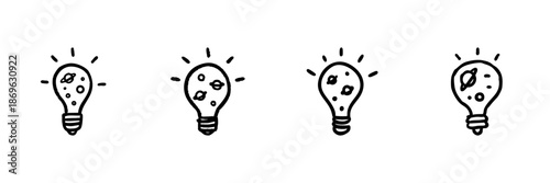 Light Bulb With Planetary Elements Line Icon Set In Doodle Style. Innovation, Creativity, And Cosmic Ideas Outline Sketch Collection. Space-Inspired Concept. Hand Drawn Isolated Vector Illustration