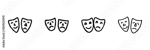 Theater Masks Line Icon Set In Doodle Style. Comedy And Tragedy Symbolism Outline Sketch Collection. Performing Arts And Drama Representation. Hand Drawn Isolated Vector Illustration