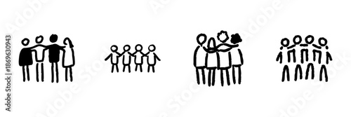 Group Hug Line Icon Set In Doodle Style. Teamwork, Unity, And Community Building Outline Sketch Collection. Collaboration And Togetherness. Hand Drawn Isolated Vector Illustration