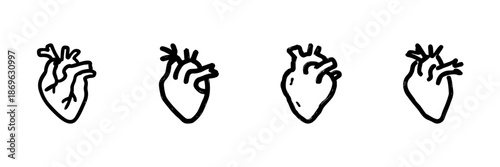 Anatomical Heart Line Icon Set In Doodle Style. Cardiovascular Health And Medical Illustration Outline Sketch Collection. Heart Anatomy And Circulatory System. Hand Drawn Isolated Vector Illustration