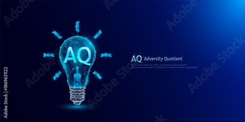 AQ Adversity Quotient symbol in light bulb style polygon glowing blue on a dark background. Emotional intelligence balance of child brain. Leadership development growth concept. Vector.