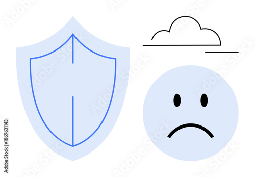 Security concept. Shields signify protection, emphasizing cybersecurity. Cloud imagery cloud computing and data storage. Sad face reflects emotions or dissatisfaction. For technology, data, apps