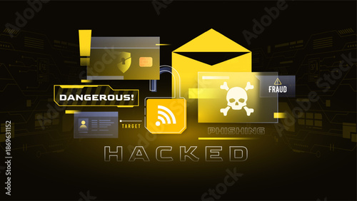 Hacked and cyber attack background with phishing alert and skull icon in futuristic tech style. Digital security breach and hacked concept. Featuring phishing alerts, skull symbols, and data theft