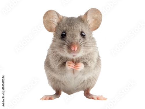 Adorable, small, grey house mouse with soft fur and delicate pink paws is sitting upright in a pleading or curious pose, captured in a bright, well-lit studio, isolated on transparent background.