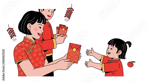Family in traditional attire exchanging red envelopes during a festive celebration
