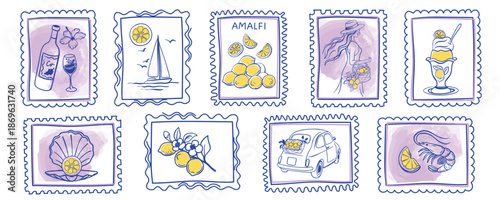 Set of postage stamp illustrations inspired by Amalfi Coast. Lemons, wine, sea, retro car, seafood, gelato, and summer vibes. Perfect for travel posters, cards, and decor.. Minimalist line art style
