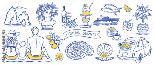 Hand drawn Italy summer illustration set with pizza, lemons, wine, yacht, family on the beach, ancient statue, gelato, tomatoes, fish, and vintage car. Travel and vacation design elements. Mediterrane