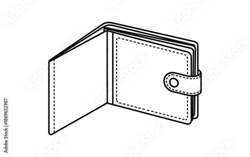 A black and white line drawing of an open leather wallet