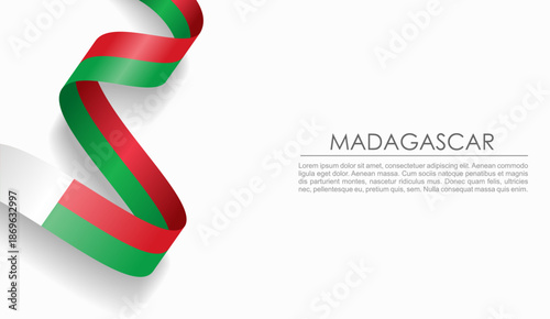 Madagascar flag wavy ribbon, symbolizing national pride, ideal for patriotic or cultural design themes. Vector illustration.