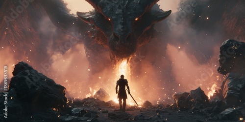 A lone knight stands with a sword before a massive roaring dragon in a fiery, apocalyptic fantasy landscape, concept for epic movie poster, video game cover art and fictional book illustration