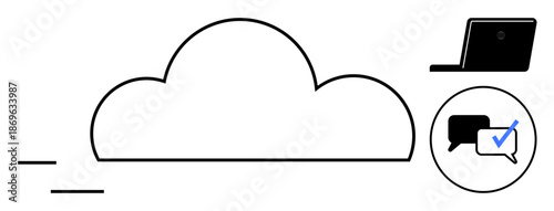 Cloud outline connected to messaging icon with a check mark and a laptop. Ideal for technology, cloud computing, communication, data sharing, teamwork, online services, modern business. Simple flat