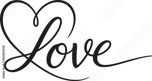 Elegant continuous line art of the word "love" intertwined with a heart shape Vector.
