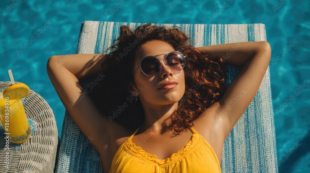 Fototapeta premium A woman with curly hair rests on a lounge chair by the pool. She wears large sunglasses and enjoys a drink while soaking up the sun. The water sparkles in the background.