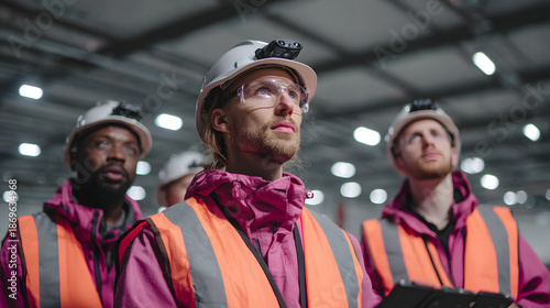 Diverse team of construction workers in hard hats and safety vests looking up