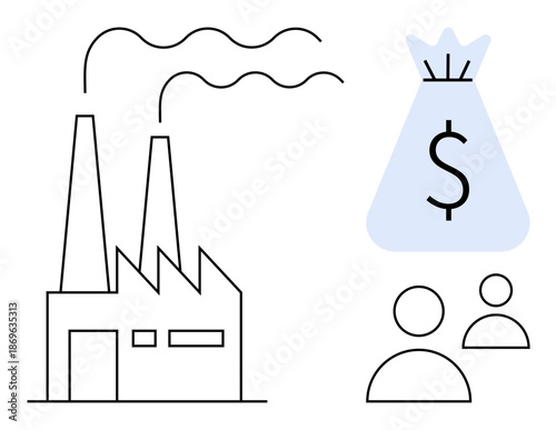 Factory with smoke stacks, money bag symbolizing profit, and two human figures representing workforce and stakeholders. Ideal for manufacturing, finance, business growth, economy, industry, labor