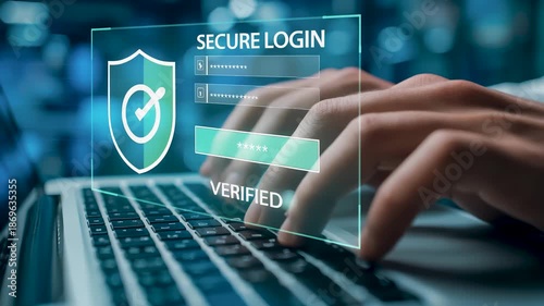 Medical doctor hand entering password on laptop computer with digital secure login interface hologram and electronic patient data privacy protection verified network access security solution