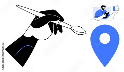 Creativity, design , art tools, location services, social interaction, and feedback concepts. A hand holding a paintbrush with a blue location pin and a man giving a thumbs-up. Creativity and design