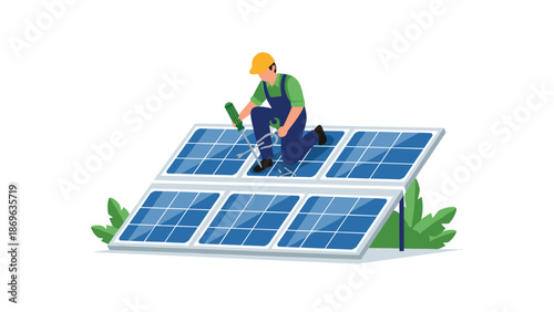 Worker in a hard hat and overalls carefully installing or cleaning solar panels, symbolizing renewable energy, sustainable technology, and professional maintenance.
