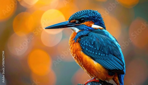 Side profile of colorful kingfisher with vibrant blue feathers and orange breast against blurred warm light background