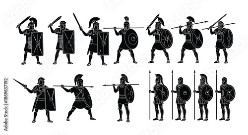 Ancient greek spartan warriors in silhouette demonstrating various combat stances