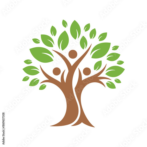 Brown tree with green leaves and three human silhouettes integrated into the branches