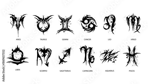 Horoscope zodiac sign set vector dark Neo tribal astrology symbol celestial grunge splash tattoo art. Gothic month constellation trendy logotype, magic fashion print, Aries, Leo, Virgo. Horoscope icon