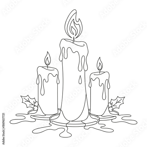 Three candles with holly line drawing in black and white