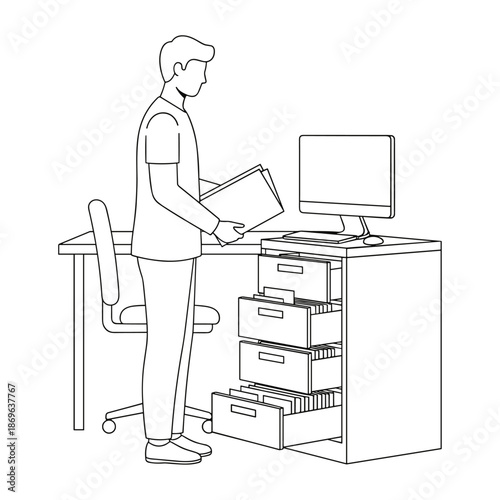 Man organizing files at desk against office background