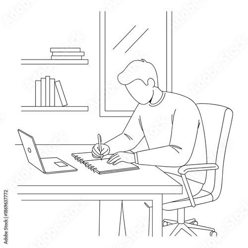 Person working at desk against white background
