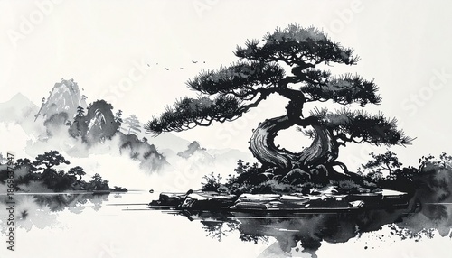 A beautiful brush-drawn ink painting of a bonsai in a Japanese garden　筆で描いた美しい日本庭園の盆栽の墨絵
