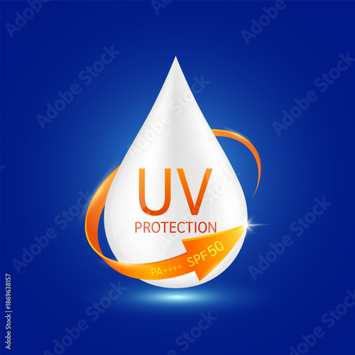 Drop white cream UV protection surrounded by SPF 50+ PA+++ orange arrow. Protects against UVA, UVB, sunlight and ultraviolet attacks. For design cosmetic products ads. Health care concept. Vector.
