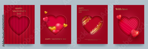 Valentine s Day 3D background set with a red heart cut out of textured paper, paint strokes, and hearts. Product display mockup. Stage showcase