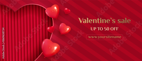 A horizontal Valentine s Day banner. A paper heart, cut out and decorated with a bow and balloons. A template for greetings, presentations, and discounts.
