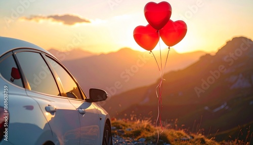 Romantic car with heart shaped balloons against mountain landscape for valentines day celebration