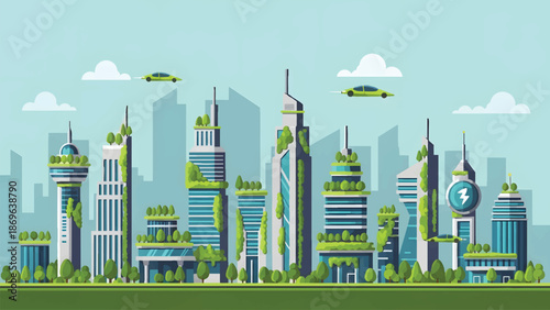Modern Green Cityscape with Eco Friendly Buildings and Flying Cars.