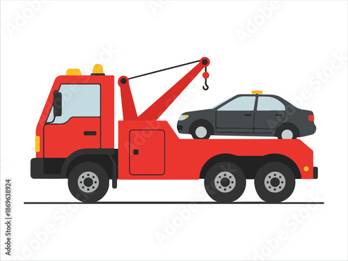 Red Tow Truck Carrying Vehicle on Flatbed Illustration