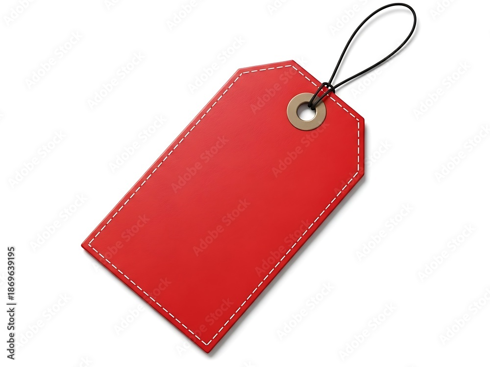 Fototapeta premium Red blank tag with string and metal ring isolated on white background for labeling or identification purposes easily