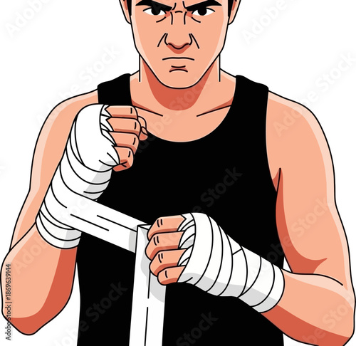 Determined Boxer Taping Hands Before Fight Illustration of Strength and Training